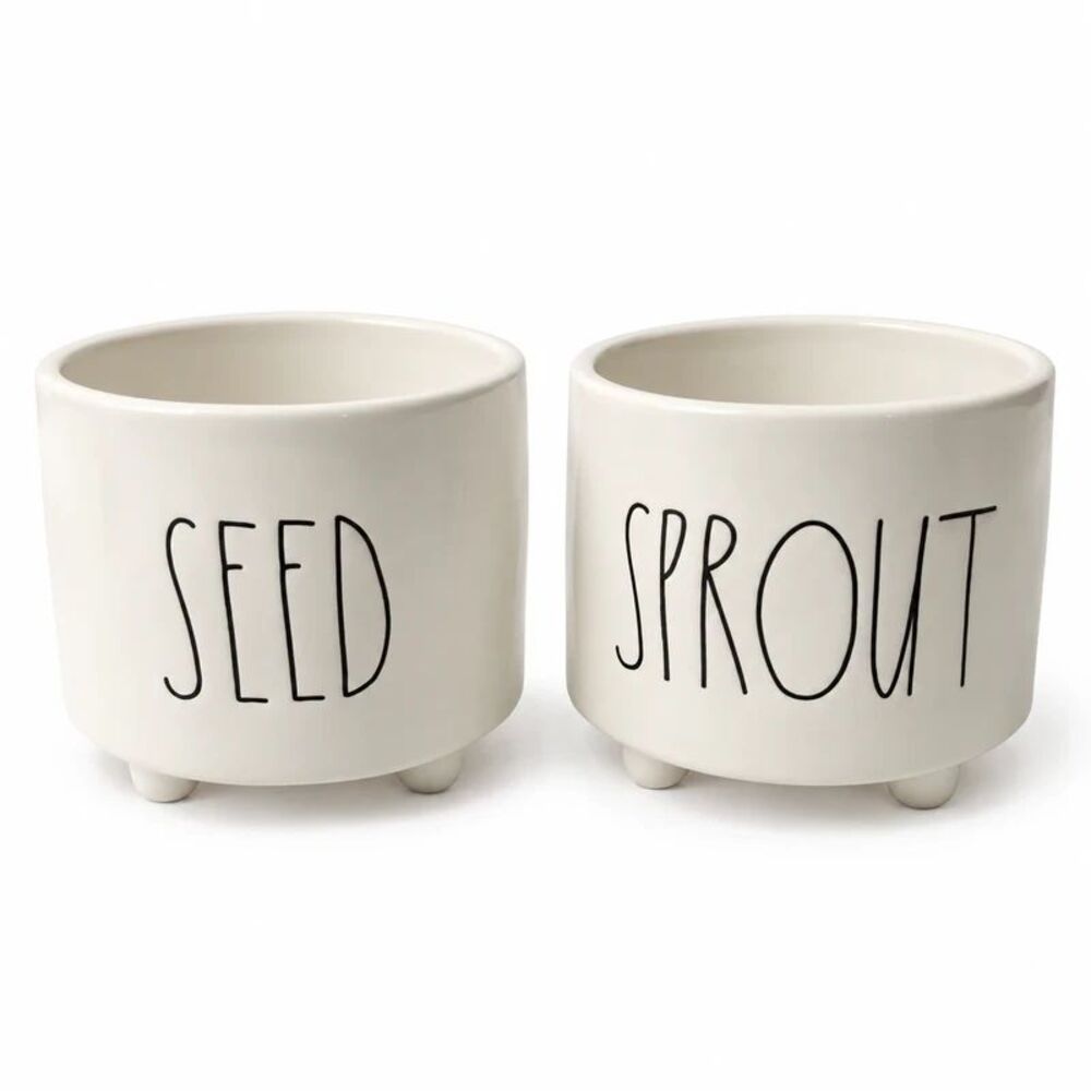 Rae Dunn Seed Sprout Mini Footed Planters White Ceramic Pot Set of 2 Farmhouse